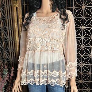 PINK MELO SHEER LACE EMBROIDERED TOP S